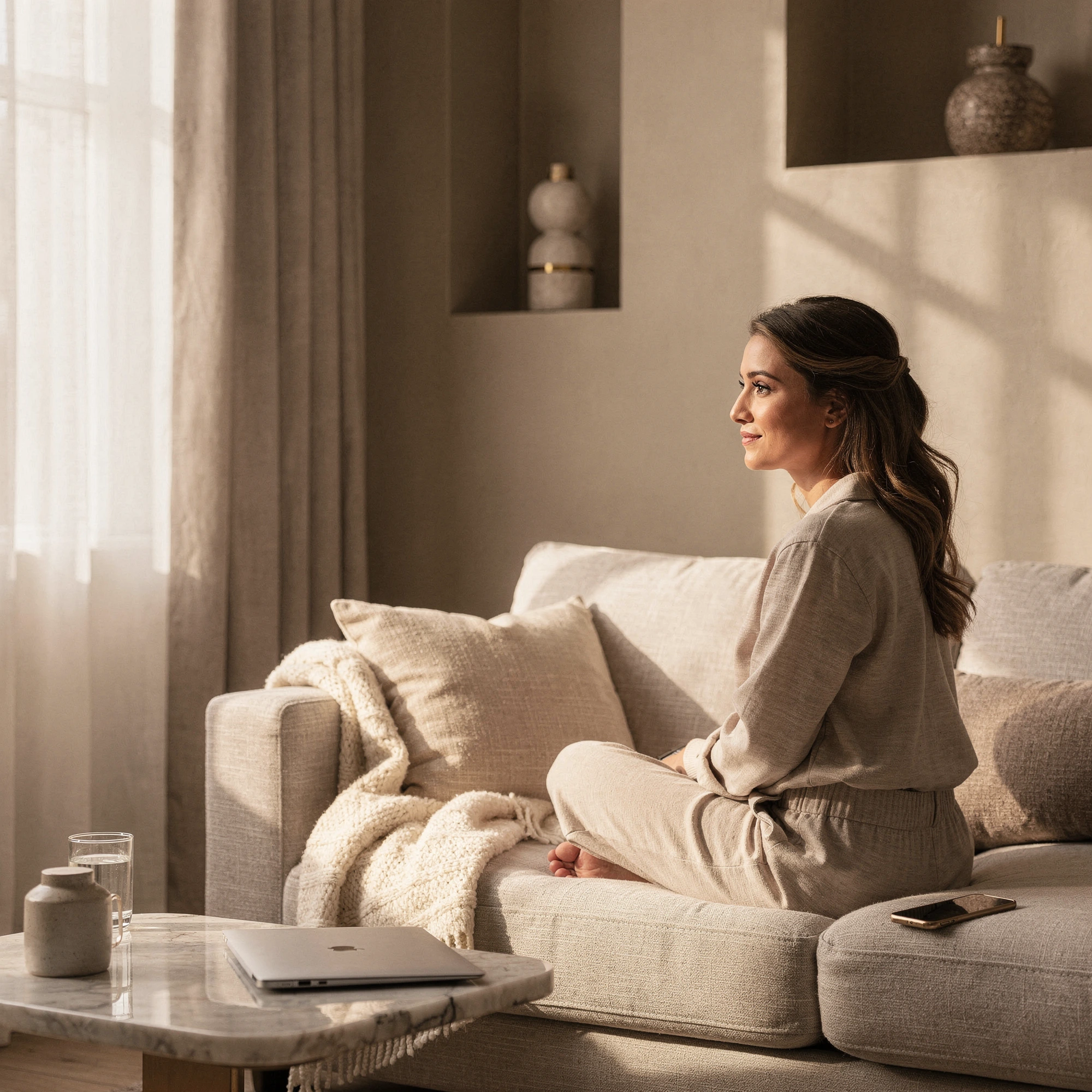 Woman sitting on a couch in a modern living room during a telehealth consultation